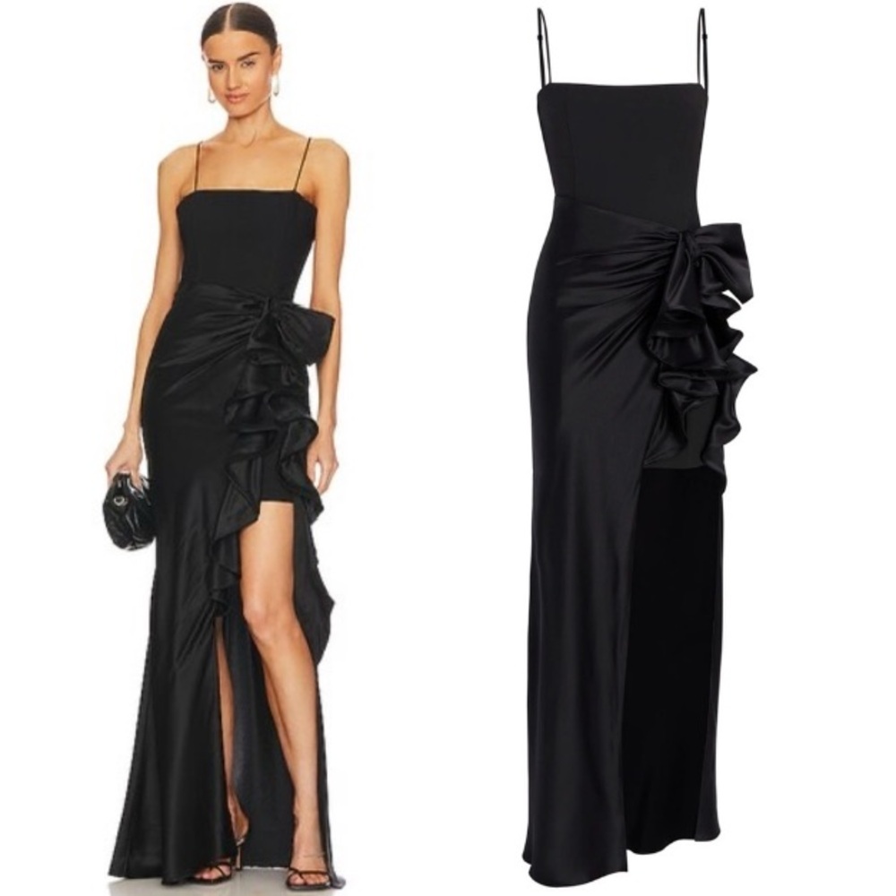 Cinq A  Sept Drina Gown High Low Maxi Dress High Slit Ruffle Accent Black 8